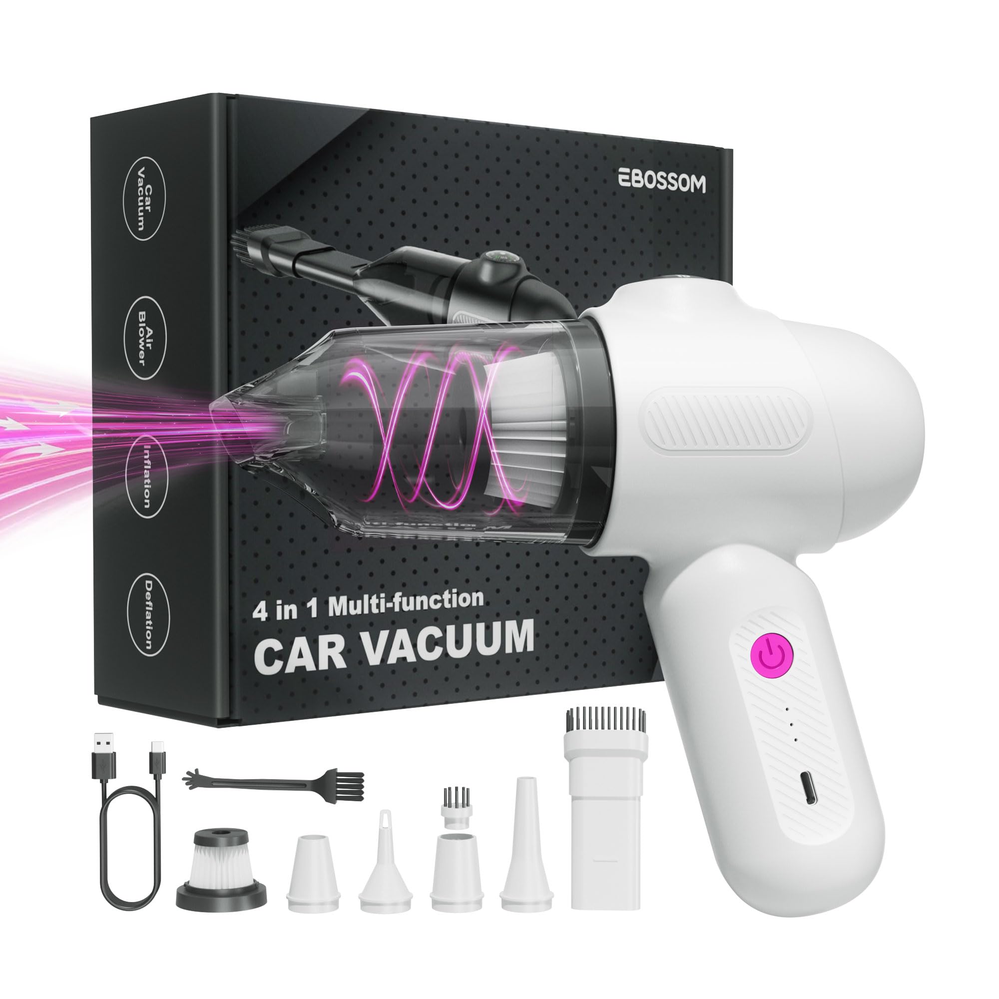 EBOSSOM Car Vacuum V6 Pro, Cordless Handheld Vacuum with 8000Pa Suction, 4 in 1 Mini Air Duster for Office, Home, Color White